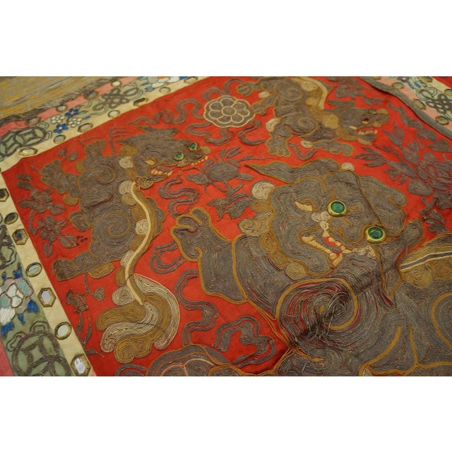 1920s Red Foo Dog Antique Chinese Silk Textiles Embroidery 3' X 3' Rug For Sale - Image 9 of 14