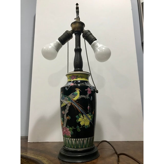 Vintage Chinese Black Base Multicolored Floral Bird Porcelain Vase