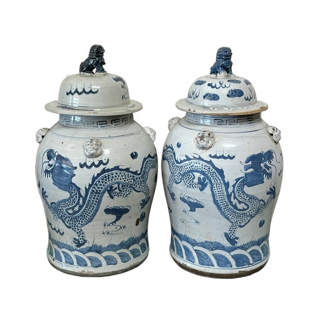 Chinoiserie Extra Large Chinoiserie Blue and White Dancing Dragon Ginger Jars - A Pair For Sale - Image 3 of 7