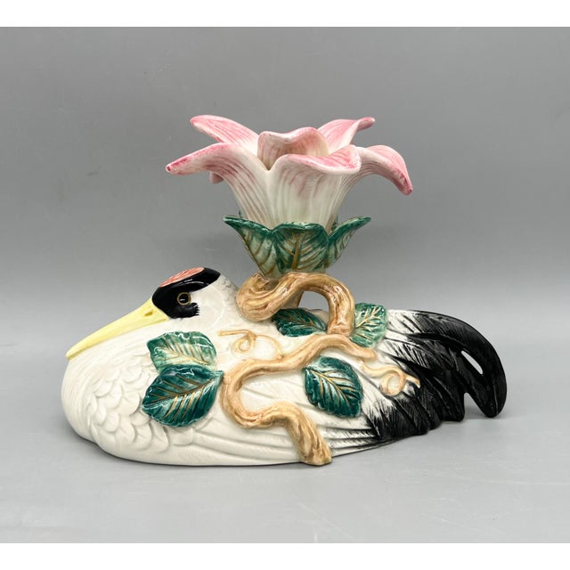 1996 Fitz & Floyd Crane & Lily Ceramic Candlestick Holder – Chinoiserie / Hollywood Regency For Sale - Image 12 of 12