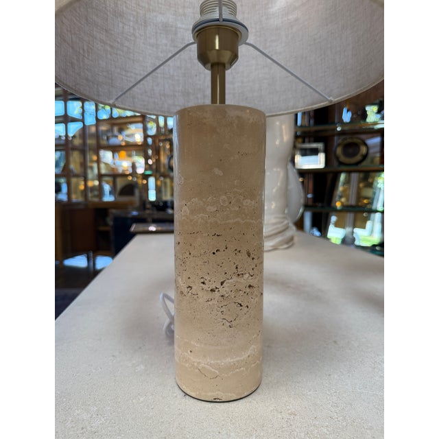 Linen 1970s Travertine Cylinder Table Lamps With Linen Drum Shades - a Pair For Sale - Image 8 of 12