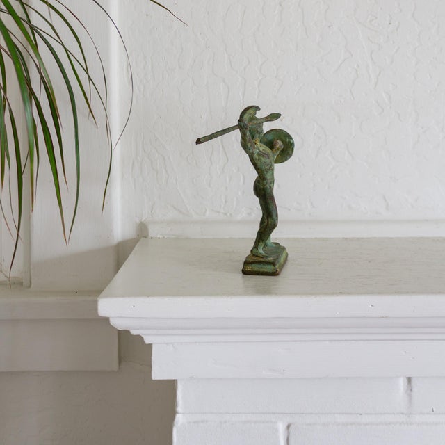 Iron and Verdigris Greek Warrior Figurine With Attic Helmet Spear and Shield For Sale - Image 12 of 14