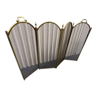 Antique Brass Folding Fireplace Screen – Four‑Panel Arched Mesh Guard With Handles For Sale