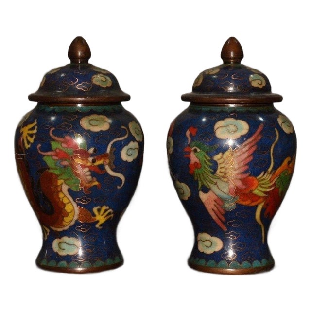 Pair of Vintage Chinese Cloisonné Dragon & Phoenix Ginger Jars With Copper Finials For Sale