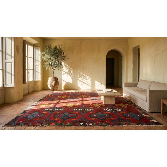 Textile 1940s Red Geometric Vintage Turkish Kilim Sivas Rug 9'4" X 11'6" Wool Flatweave Carpet For Sale - Image 7 of 8