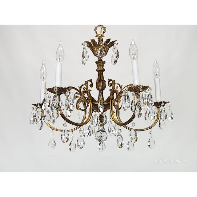 Antique 5 Arm Absolutely Fabulous Brass Cut Lead Glass Crystal Chandelier For Sale In South Bend - Image 6 of 8