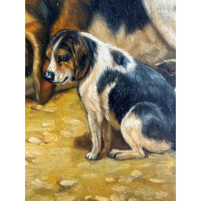 Antique Oil Painting on Board Hound Dog With Puppies For Sale - Image 10 of 12