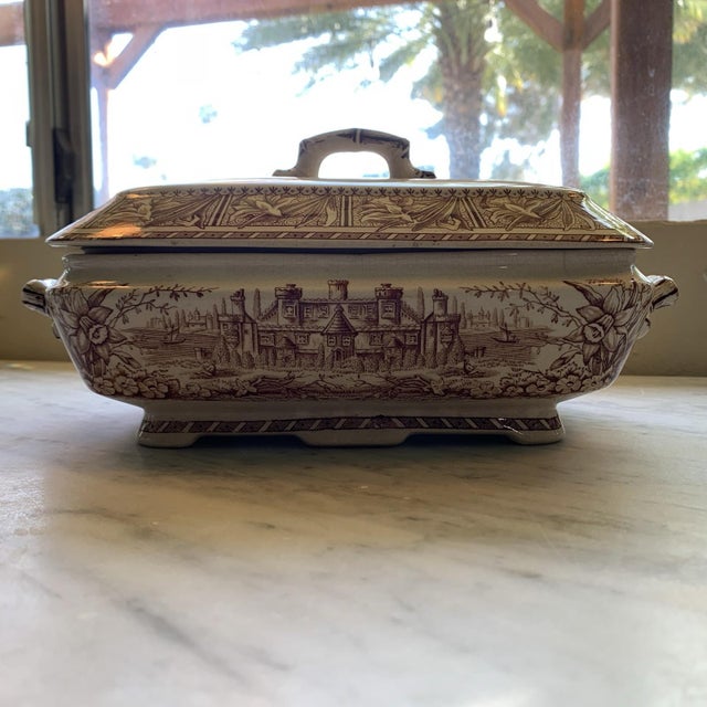 Here we have a beautiful antique Aesthetic Movement English (sepia brown over off-white) transferware covered vegetable...