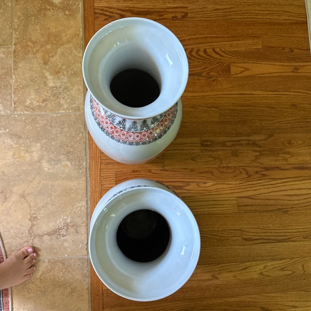 Chinese Vintage 24" Chinese Famille Rose Floor Vases - Matching Pair, Crane & Peony Motif For Sale - Image 3 of 12