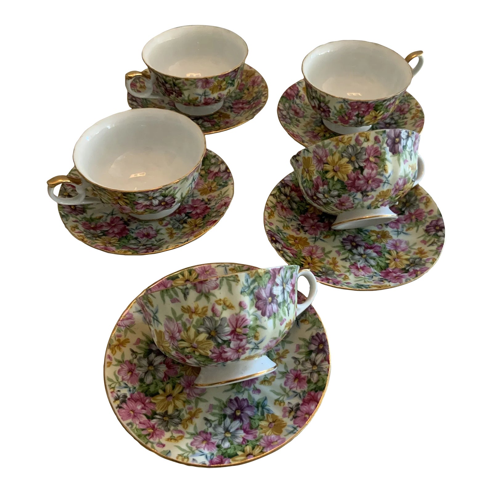 1960s E. W. Princess China Floral Coffee Cups Set, Made in