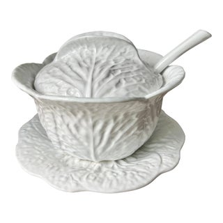 Cabbage Leaf Majolica Tureen /Platter/Lid & Ladle For Sale