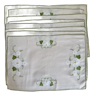 Vintage Cottagecore Embroidered Floral Placemats With Green Trim, Set of 8