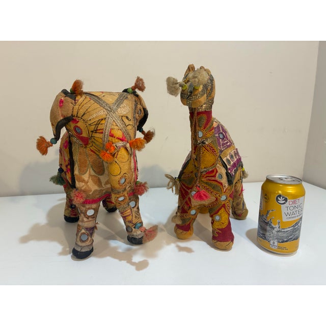 Indian Mid-Century Indian Folk Art Elephant & Camel Pair | Handmade Shisha Embroidery | Rajasthan Textile Sculptures For Sale - Image 3 of 12