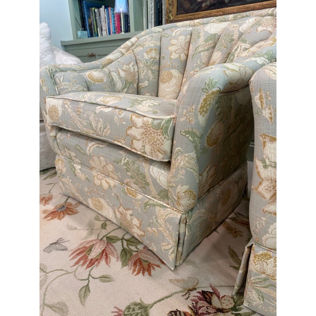 Vintage Channel Back Club Chairs Reupholstered in Waverley for Schumacher ‘Hazel’ Linen Fabric For Sale - Image 4 of 9
