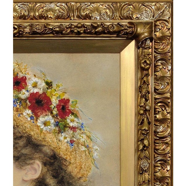 Alice Anne Renshaw, Young Lady with Summer Meadow Flowers in Her Straw Hat, Watercolour & Gouache Painting, 1800s, Framed For Sale - Image 6 of 18