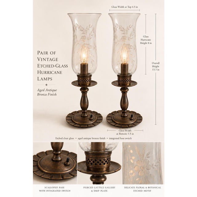 A wonderfully atmospheric pair of vintage etched-glass hurricane lamps, newly elevated with a rich aged-antique-bronze...