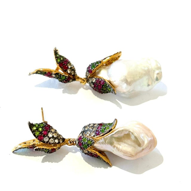 English Bochic "Orient" Vintage Ruby, Topaz & Multi Gem Earrings Set In 18K Gold & Silver For Sale - Image 3 of 18