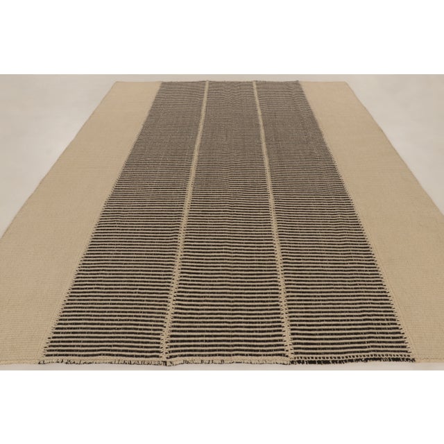 Rug & Kilim's Contemporary Minimalist Rez Kilim With Black & Beige Stripes For Sale In New York - Image 6 of 10