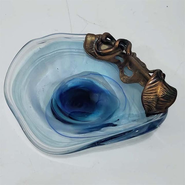 20th Century Modern Filip Ravert Blue Hand-Blown Art Glass and Bronze Overlay Centerpiece Bowl For Sale In Las Vegas - Image 6 of 8