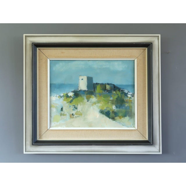 OUTPOST BY THE SEA Size: 21.9 x 25.2 inches (including frame) Oil on canvas A soothing mid-century landscape that captures...