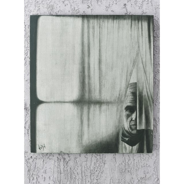 Vintage "Man Behind the Curtain" Painting Signed Vida, 2nd Painting on Verso For Sale In Miami - Image 6 of 10