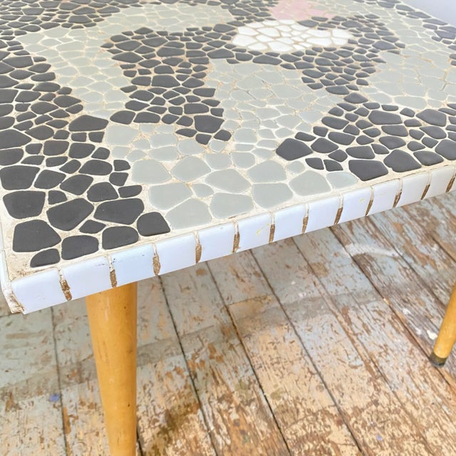 Mid Century Mosaic Table Petite Side Table Indoor Outdoor Furniture Retro Pink Black White Tile For Sale - Image 11 of 11