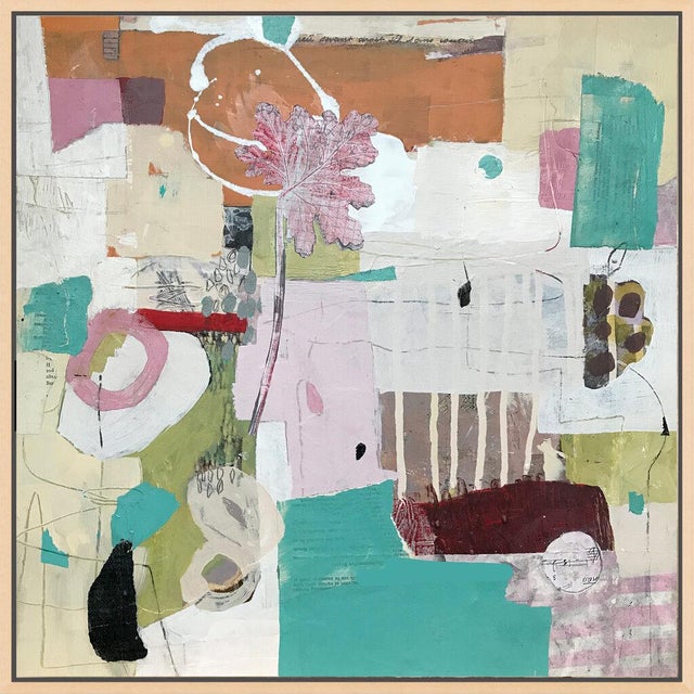 A patchwork of teal, rust, olive, blush and cream surrounds a drawn pink flower, with a black form anchoring the lower...