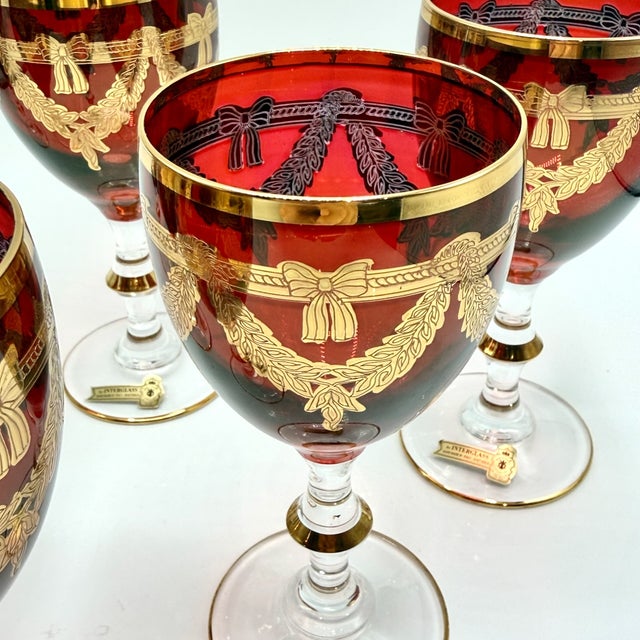 Mid-Century Modern Vintage Italian Ruby Red Crystal Wine Goblets with 24k Gold Neoclassical Garlands by Interglass, 1980s, Set of 6 For Sale - Image 3 of 18