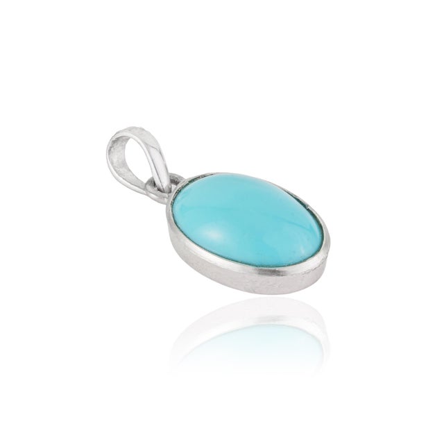 Contemporary Vibrant Oval 4.7 Ct Natural Turquoise Bezel Set 925 Silver Pendant for Her For Sale - Image 3 of 13
