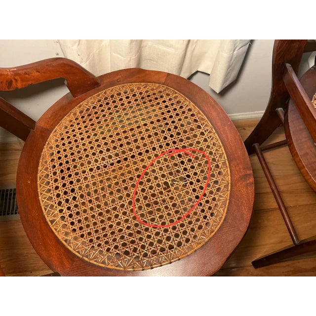 Pair of Victorian Ladder-Back Arm Chairs With Round Cane Seats, Walnut, C. 1880s For Sale In Baltimore - Image 6 of 7