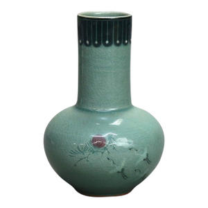 Antique Asian Celadon Pottery Bud Vase With Marsh Scene Signed Early 19thC