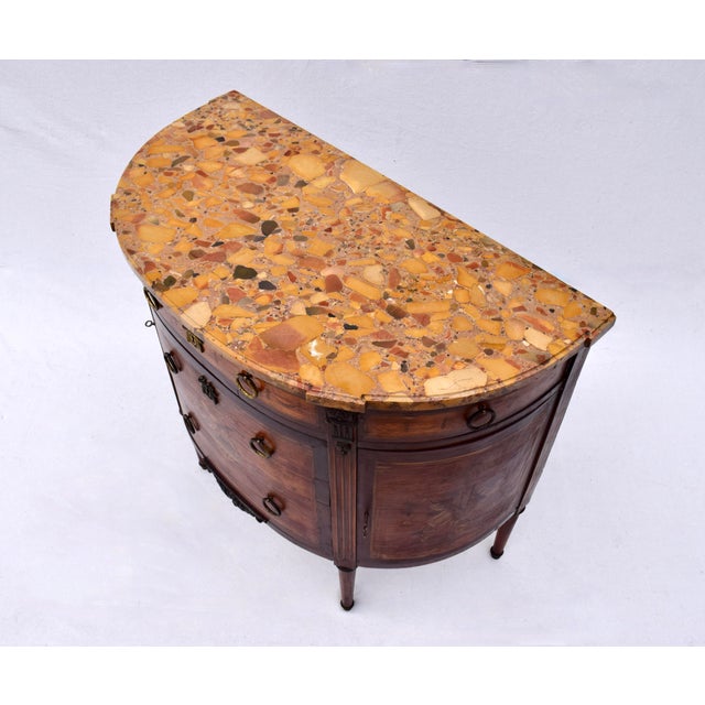 French 19th Century Marquetry Demi-Lune Server Commode, Specimen Marble Top For Sale In Philadelphia - Image 6 of 17