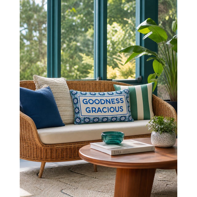 Modern Indoor Outdoor Reversible Pillow Blue Text "Goodness Gracious" on the front with a Flower Border, and a Green and...