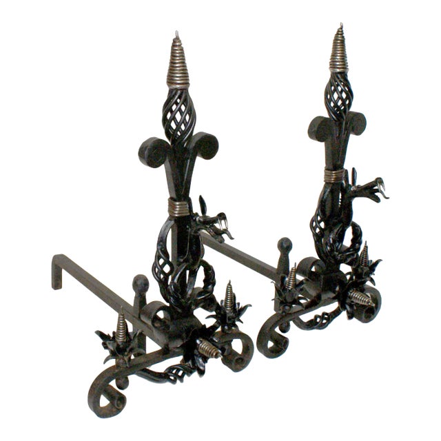 Andirons Wrought Iron With Dragon Design - A Pair For Sale