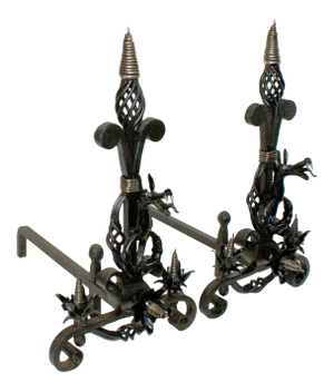Antique Andirons Wrought Iron With Dragon Design - A Pair