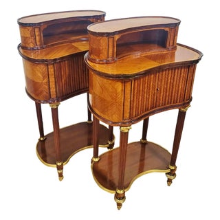 Pair 19th C French Louis XVI Bronze & Tambour Front Kidney Nightstand End Tables For Sale