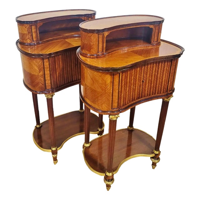 Pair 19th C French Louis XVI Bronze & Tambour Front Kidney Nightstand End Tables For Sale