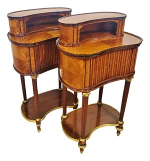 Pair 19th C French Louis XVI Bronze & Tambour Front Kidney Nightstand End Tables