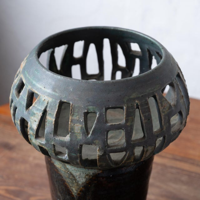 A ceramic pottery lantern attributed to Natzler Studios, circa 1950. 6 ½ inches wide by 9 ¾ inches tall