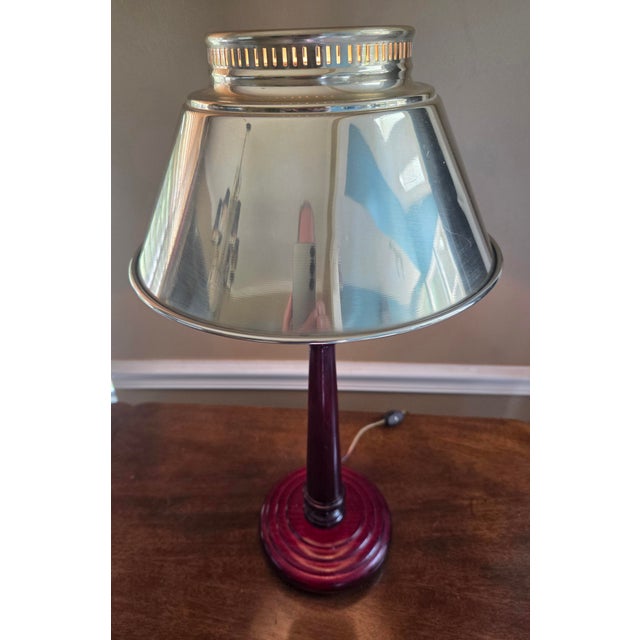 English Vintage Wood and Brass Candlestick Library Lamp For Sale - Image 3 of 11