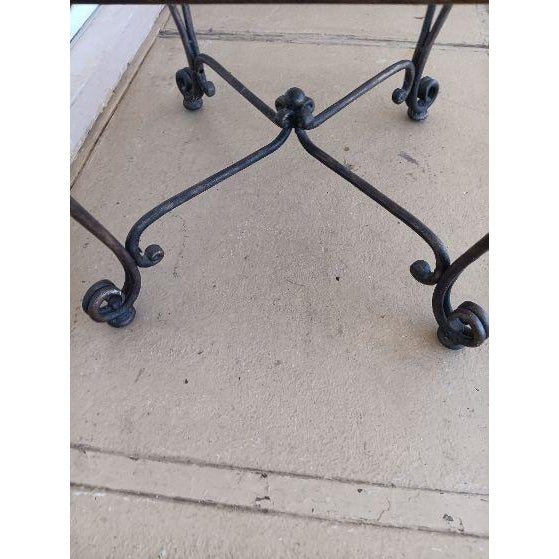 1980s Glass Top End Table With Leaf Etched Trim on Dark Metal Legs For Sale - Image 4 of 7