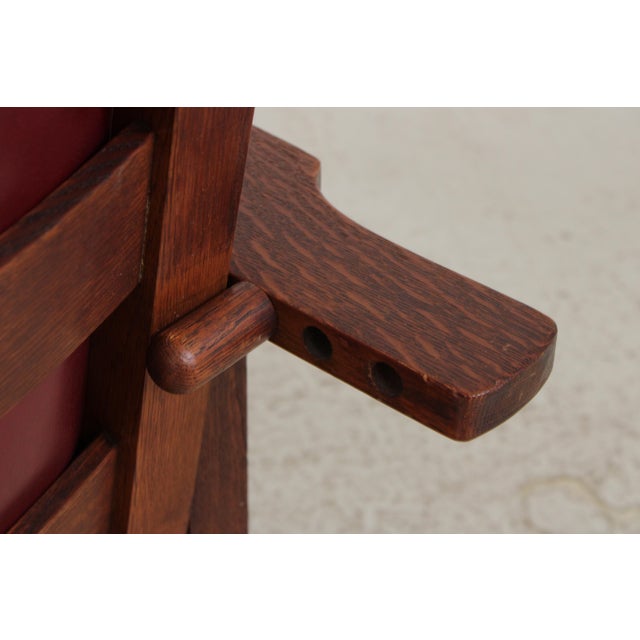 Gustav Stickley Antique Mission Oak Burgundy Leather Reclining Morris Chair For Sale - Image 12 of 15