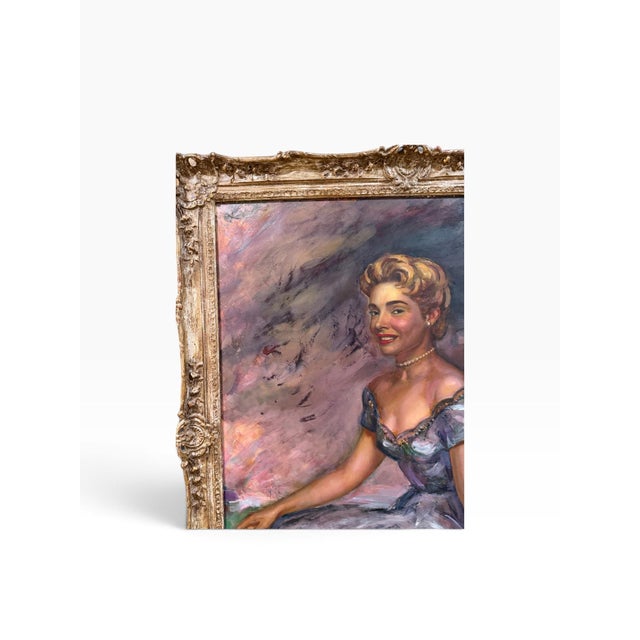 Mid-Century Modern Seated Woman Portrait Painting on Masonite - Framed For Sale - Image 4 of 7