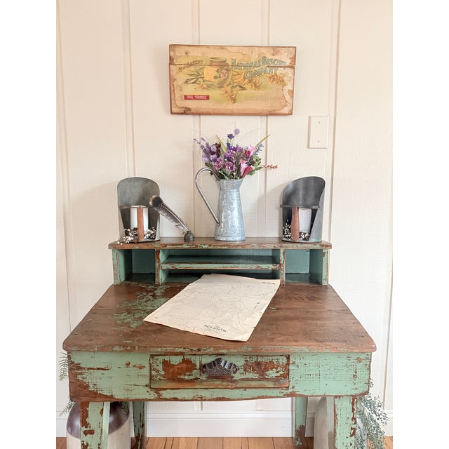 Farmhouse Antique Industrial Pine Desk For Sale - Image 3 of 15