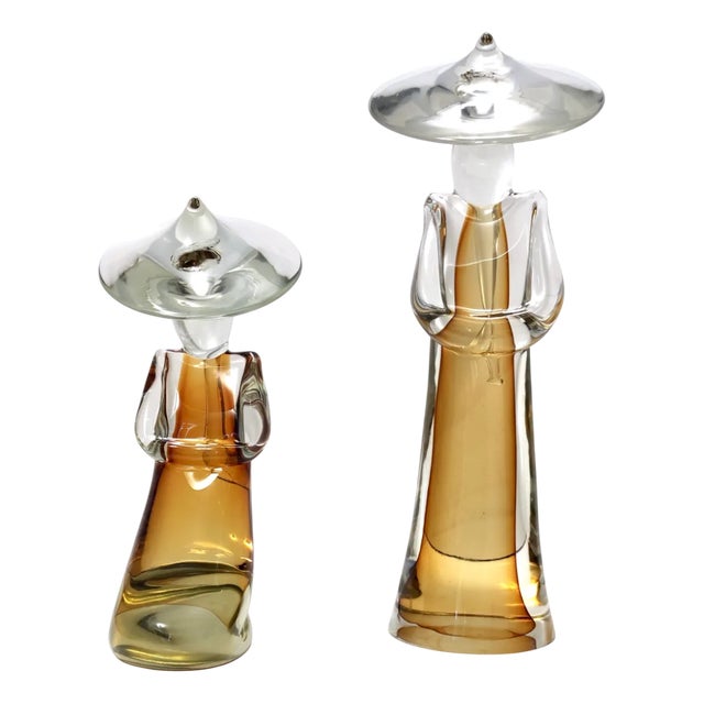 Decorative Chinese Figures in Amber Sommerso Glass by Archimede Seguso, 1960s, Set of 2 For Sale