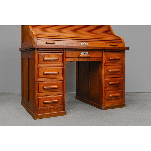 Industrial Style Oak Roll-Top Desk, Early 20th Century For Sale - Image 6 of 18