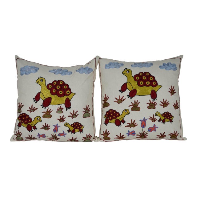 Embroidered Turtle Pillow Cover - A Pair For Sale