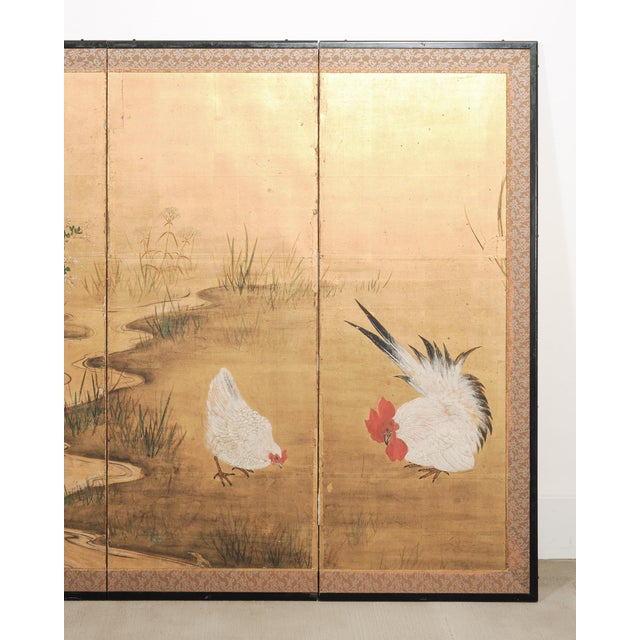 Early 20th Century Japanese Showa Four-Panel Screen Autumn Landscape Rooster & Hen For Sale - Image 4 of 18