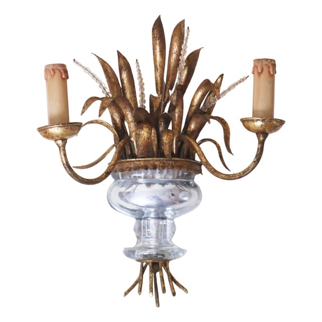 Wall Lamp with Ears of Wheat Crystal Gold and Silver Leaf from Maison Bagues, 1960s For Sale
