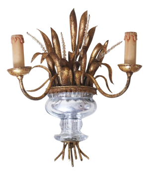 Wall Lamp with Ears of Wheat Crystal Gold and Silver Leaf from Maison Bagues, 1960s